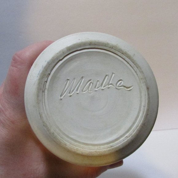 vtg abstract green branch leaves basket pottery signed vase holder bamboo handle - Picture 7 of 7